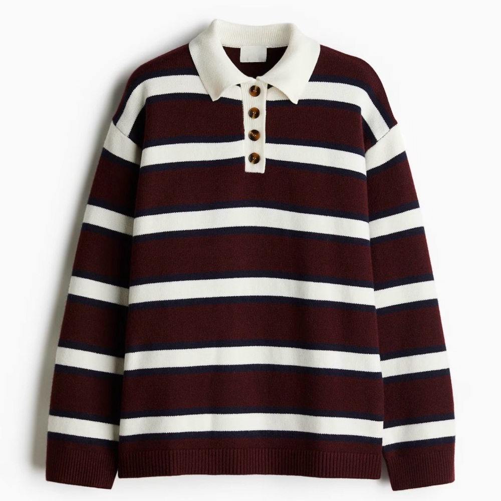 Fine Knit Striped Polo Sweater